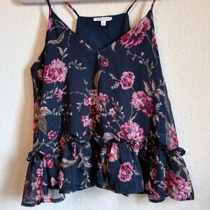 Patrons of Peace Navy Blue & Pink Floral Camisole Top w/ Ruffle Detail, Sz. S